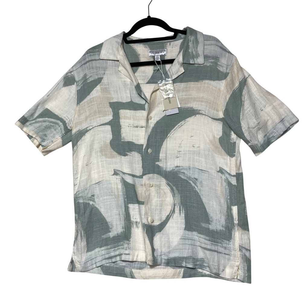 Jason Wu Mens Paintbrush Print Linen Blend Camp Shirt Sage Green JW512007M Small